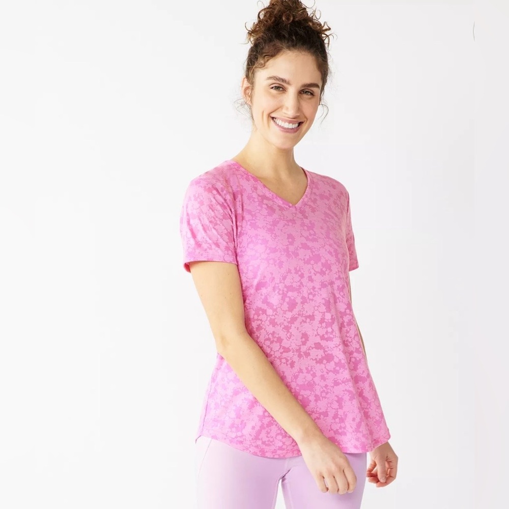 New Tek Gear Short Sleeve Tee Shirt V Neck Pink Burnout Top Size S